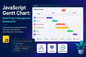 JavaScript Gantt chart project management dashboard showing a project timeline with colored task bars, dependencies, milestones, and progress tracking for a website redesign project.