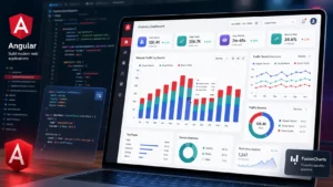 Interactive Angular charts dashboard created with FusionCharts, featuring stacked column charts, traffic analytics, KPI widgets, and responsive data visualizations.